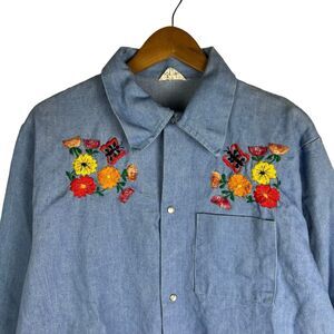 Bordados Denim Sanforized Floral Butterfly Snap Shirt Hippy Vintage 60s 70s 42